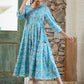 Sky Blue Floral Printed Cotton Ethnic Dress