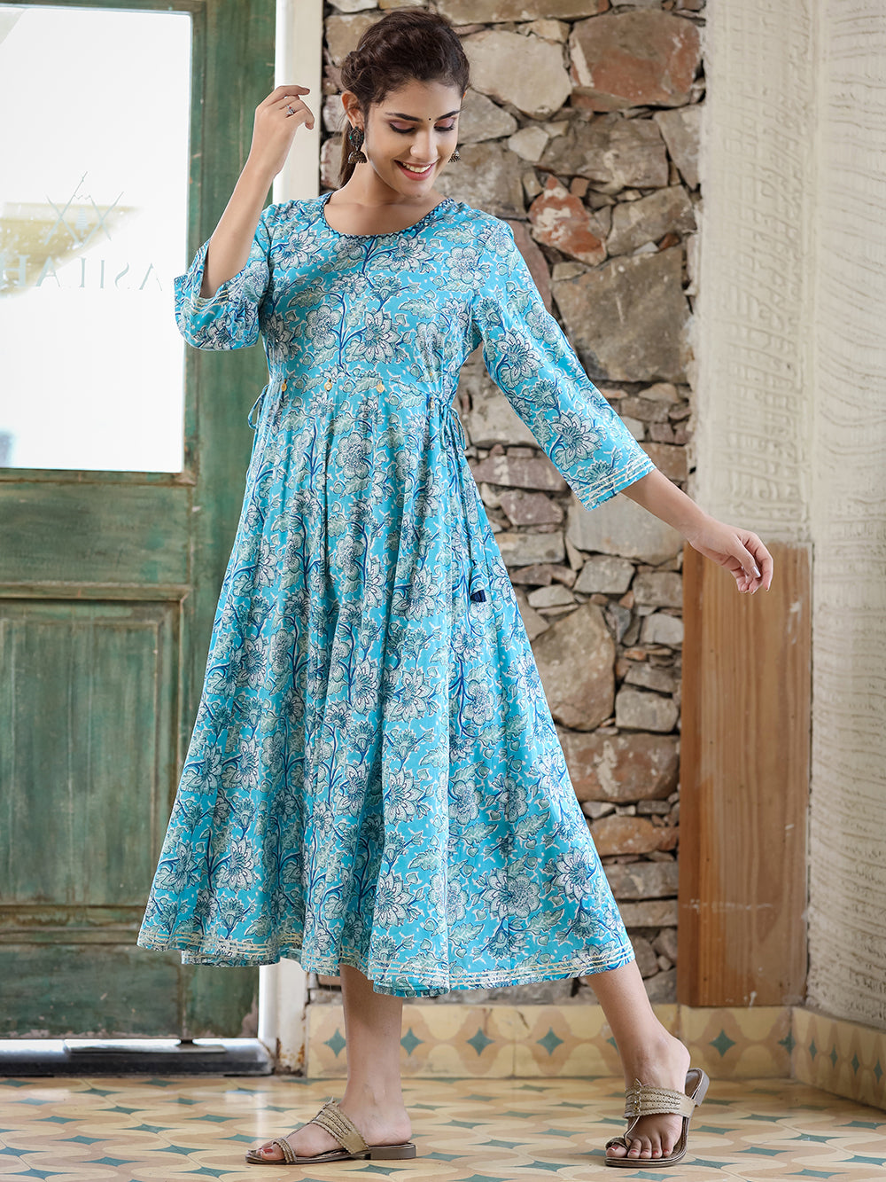 Sky Blue Floral Printed Cotton Ethnic Dress