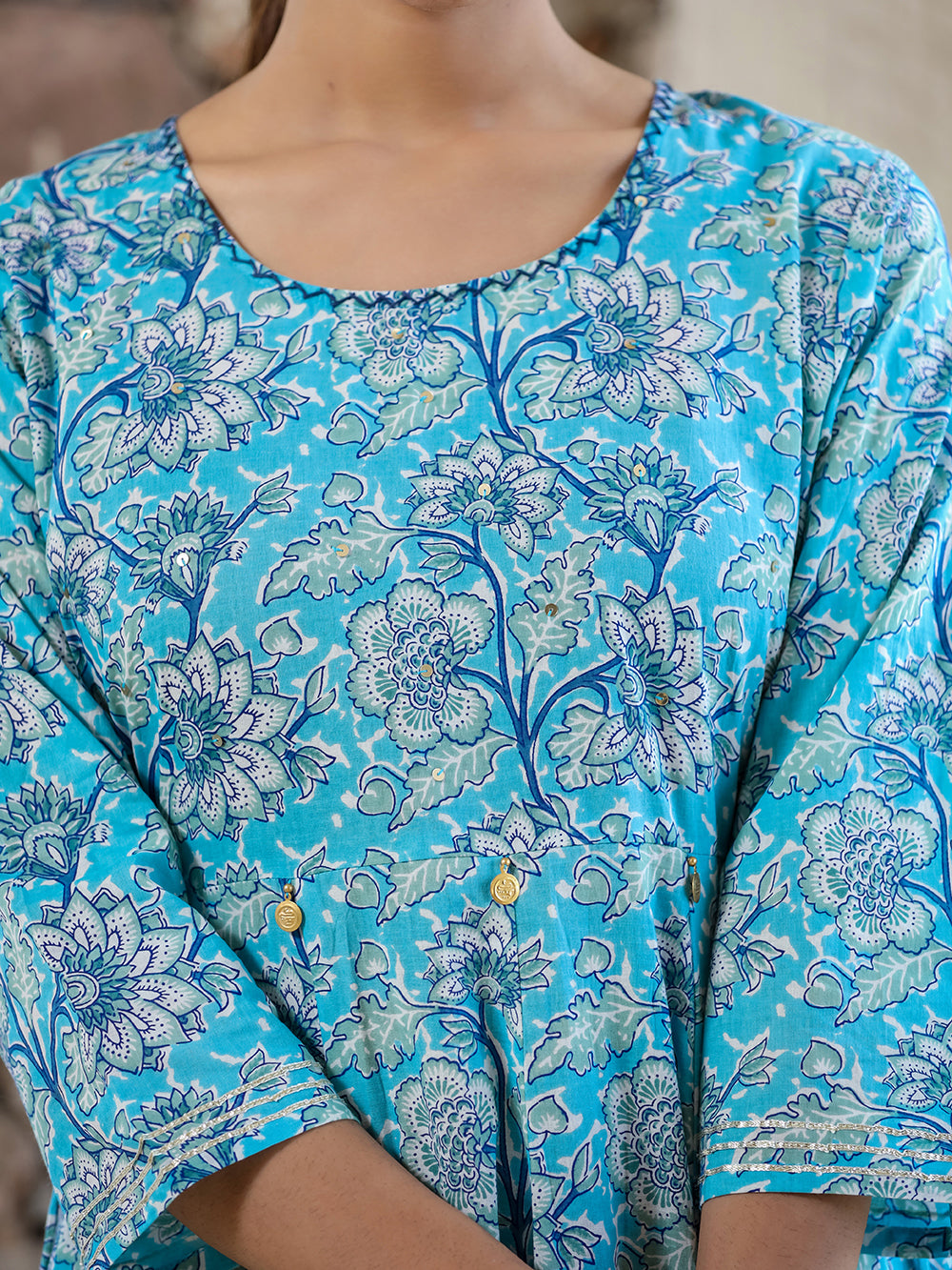 Sky Blue Floral Printed Cotton Ethnic Dress