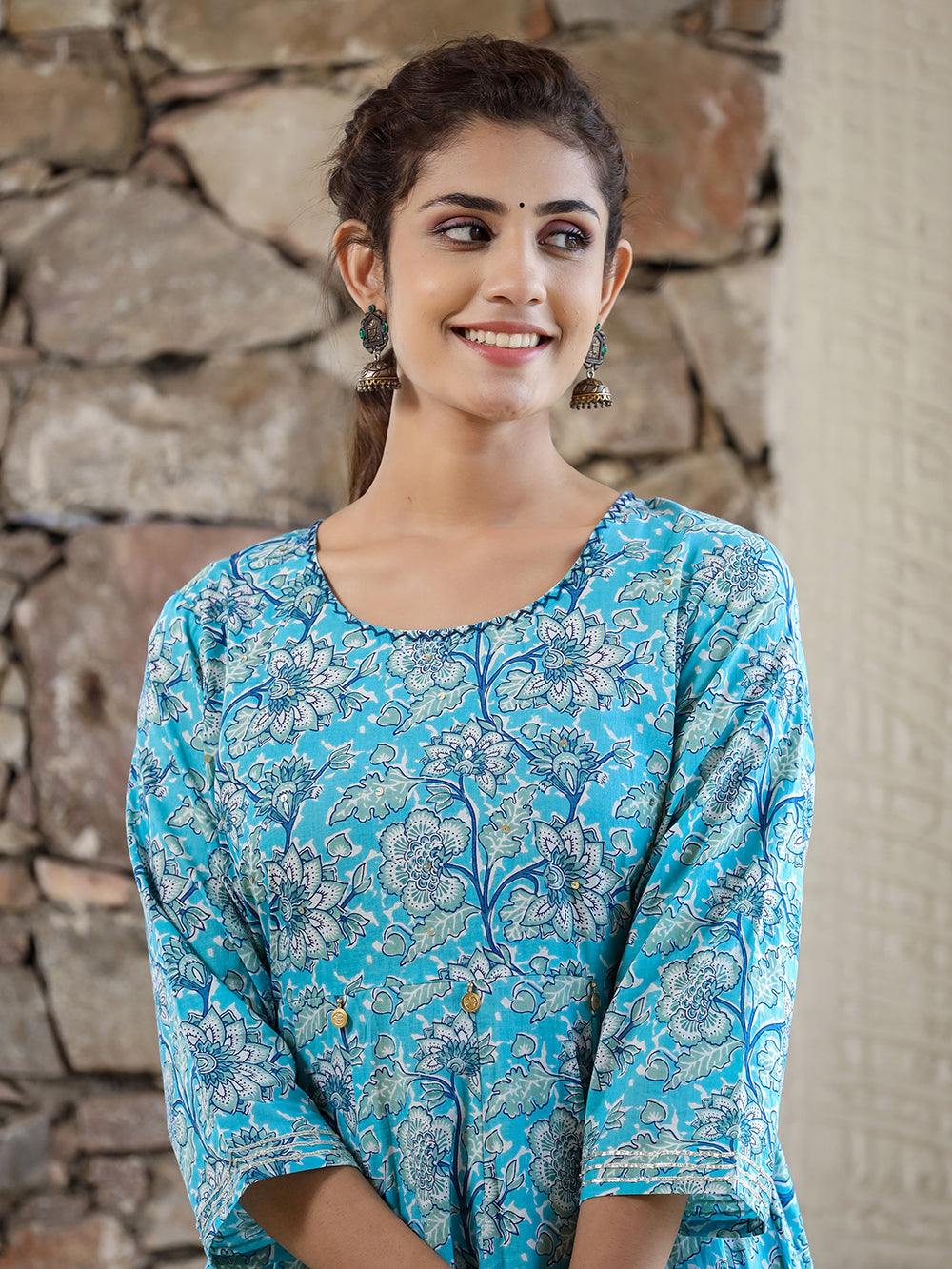 Sky Blue Floral Printed Cotton Ethnic Dress