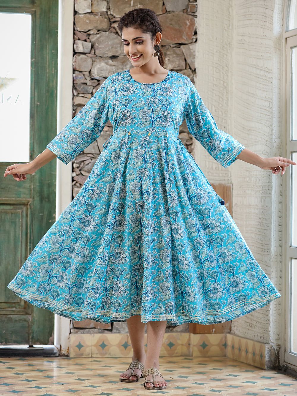 Sky Blue Floral Printed Cotton Ethnic Dress