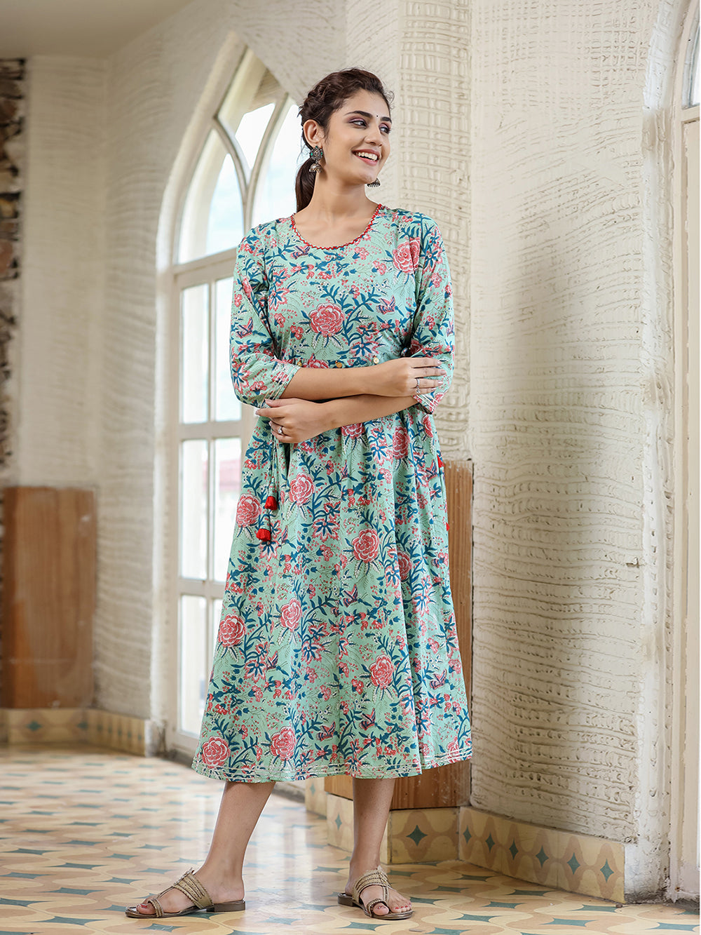 Light Green Floral Printed Cotton Ethnic Dress