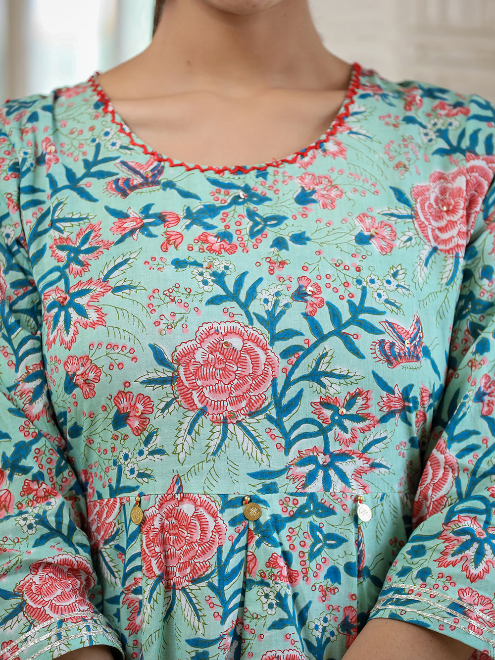 Light Green Floral Printed Cotton Ethnic Dress