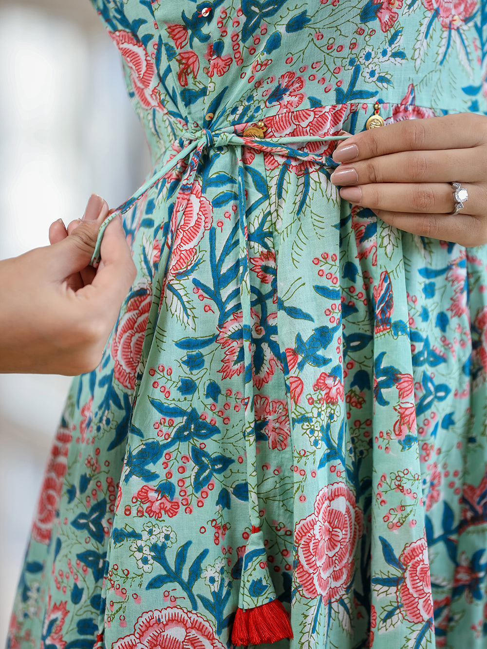 Light Green Floral Printed Cotton Ethnic Dress