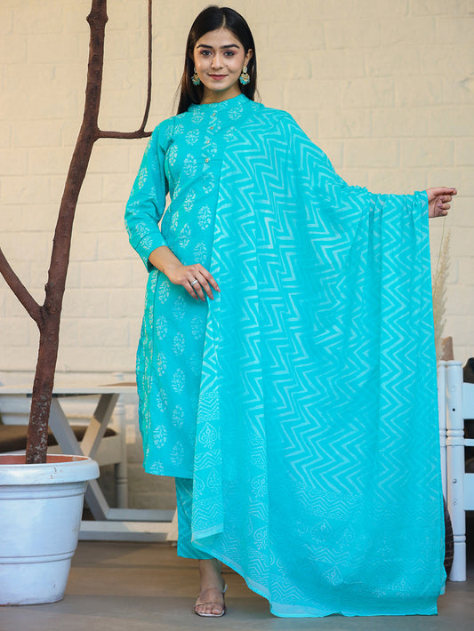 Turquoise Green Block Print Cotton Kurta Pant Set With Dupatta