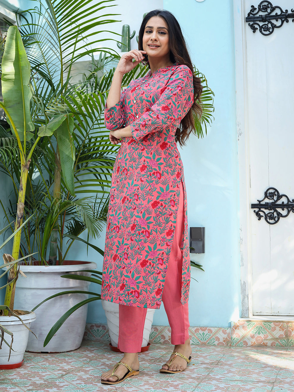 Pink Floral Print Cotton Kurta Pant Set