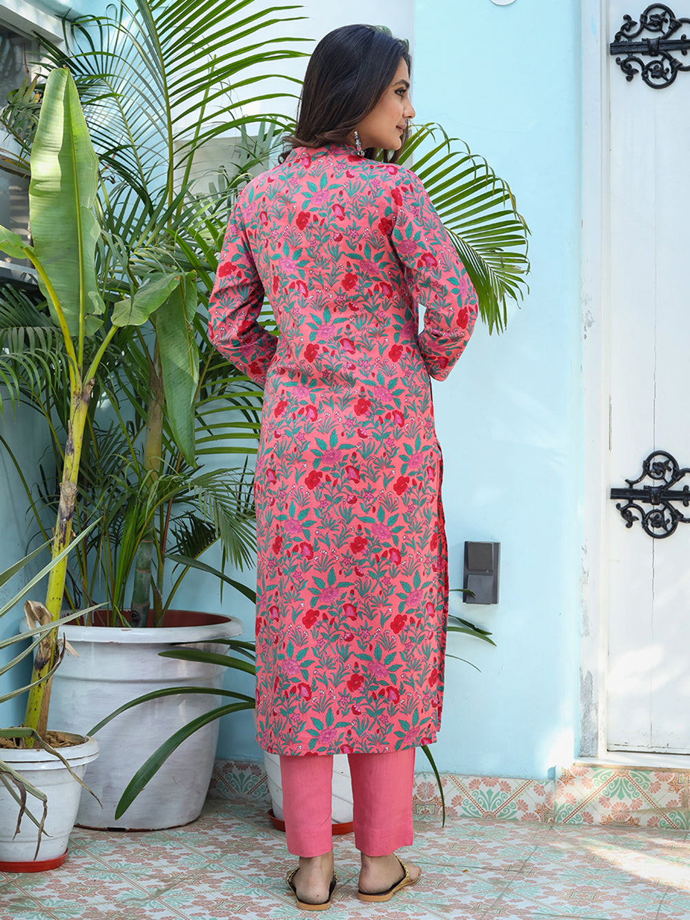 Pink Floral Print Cotton Kurta Pant Set