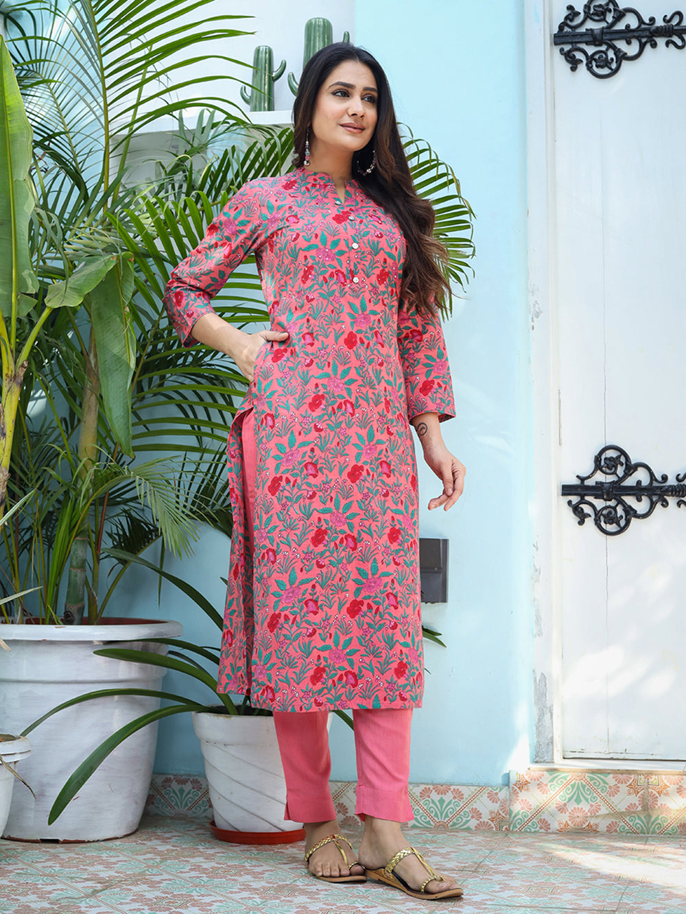 Pink Floral Print Cotton Kurta Pant Set