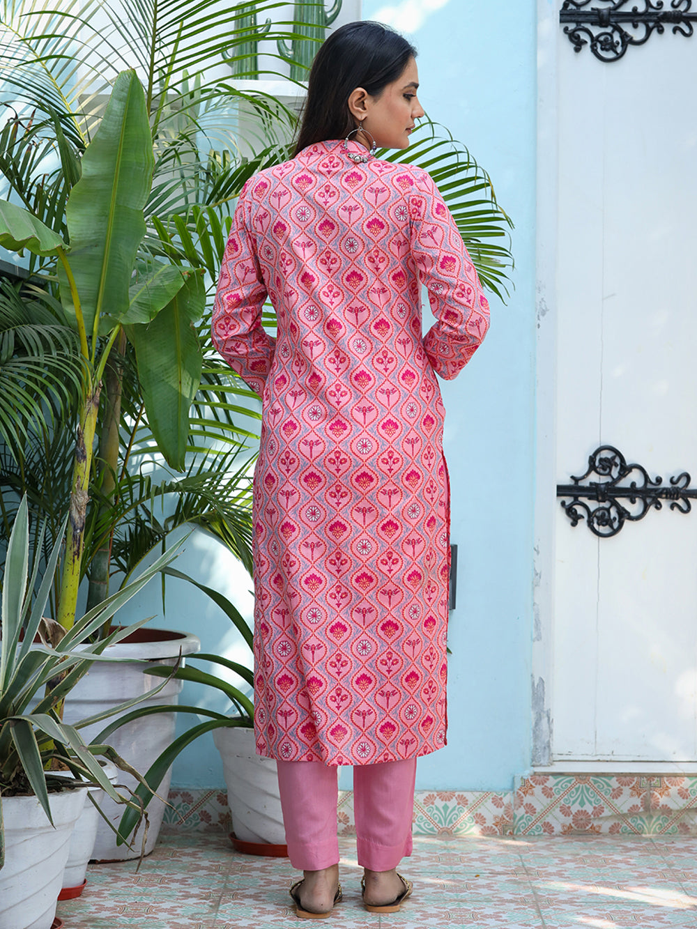 Pink Ethnic Print Cotton Kurta Pant Set