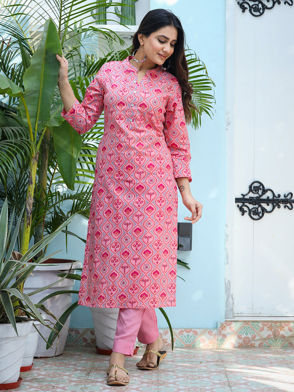 Pink Ethnic Print Cotton Kurta Pant Set