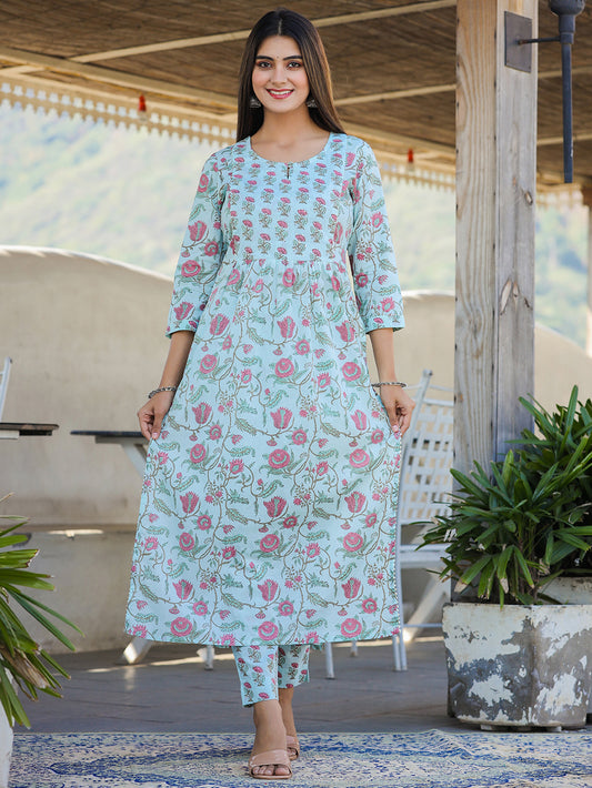 Sky Blue Floral Print Side Slit Cotton Kurta Pant Set