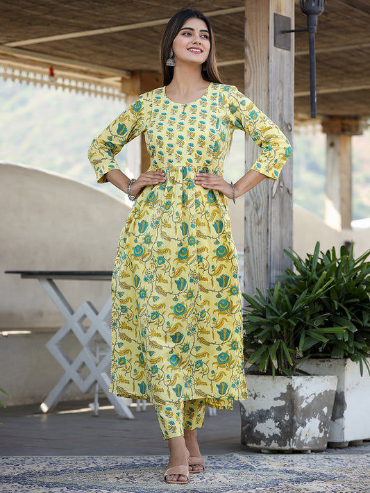 Yellow Floral Print Side Slit Cotton Kurta Pant Set