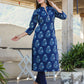 Blue Floral Print Cotton Kurta With Trouser