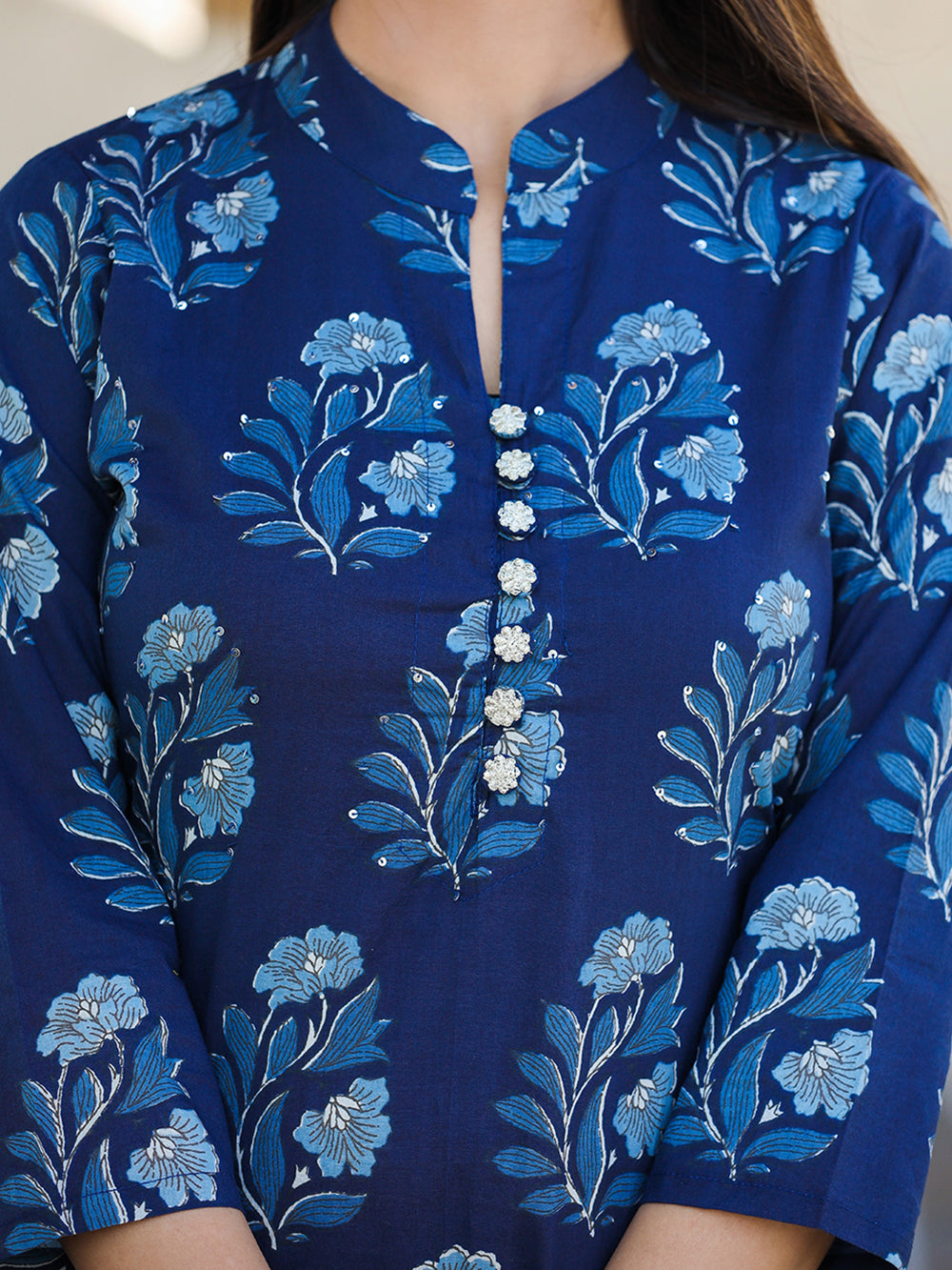 Blue Floral Print Cotton Kurta With Trouser