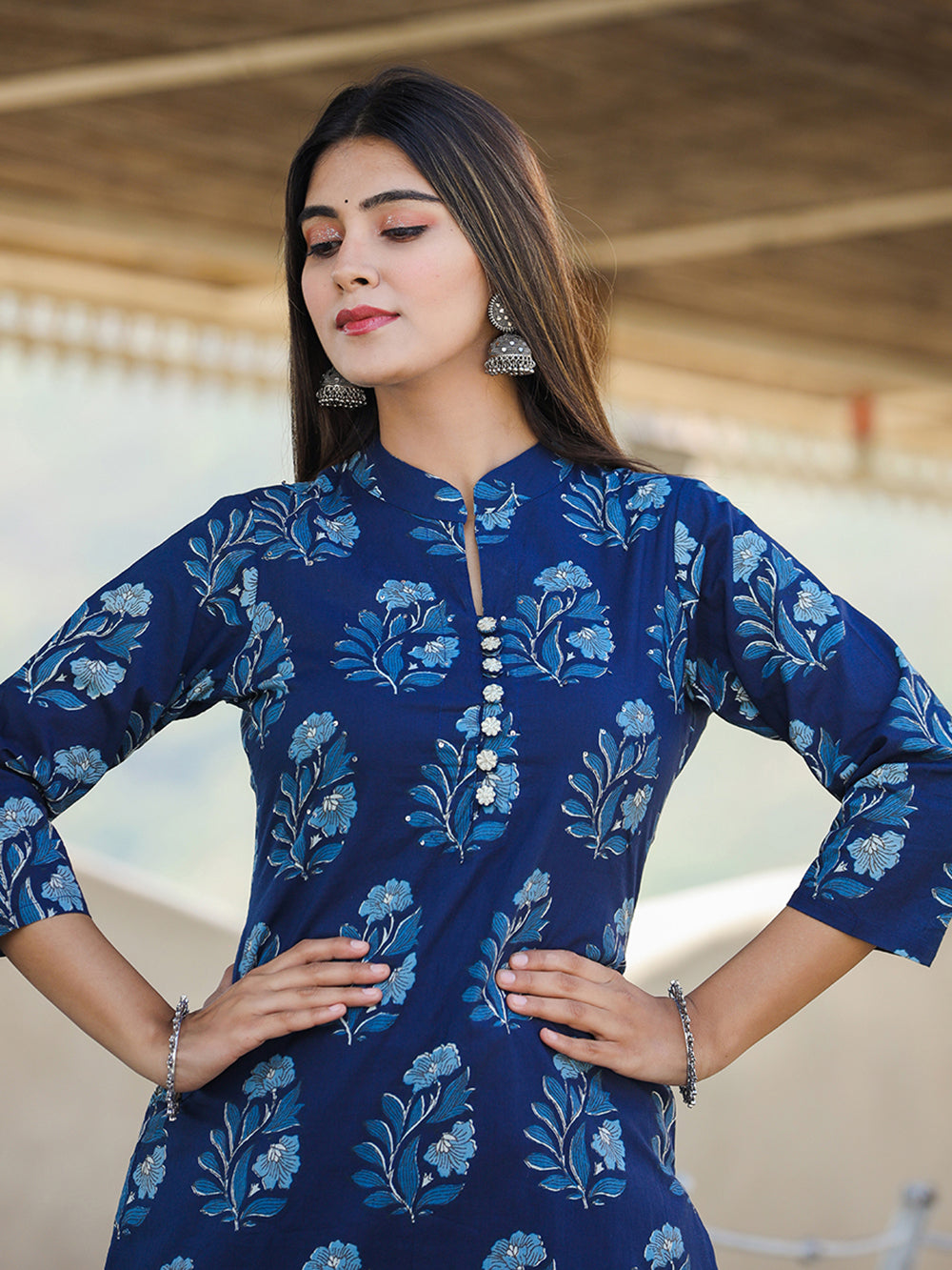 Blue Floral Print Cotton Kurta With Trouser