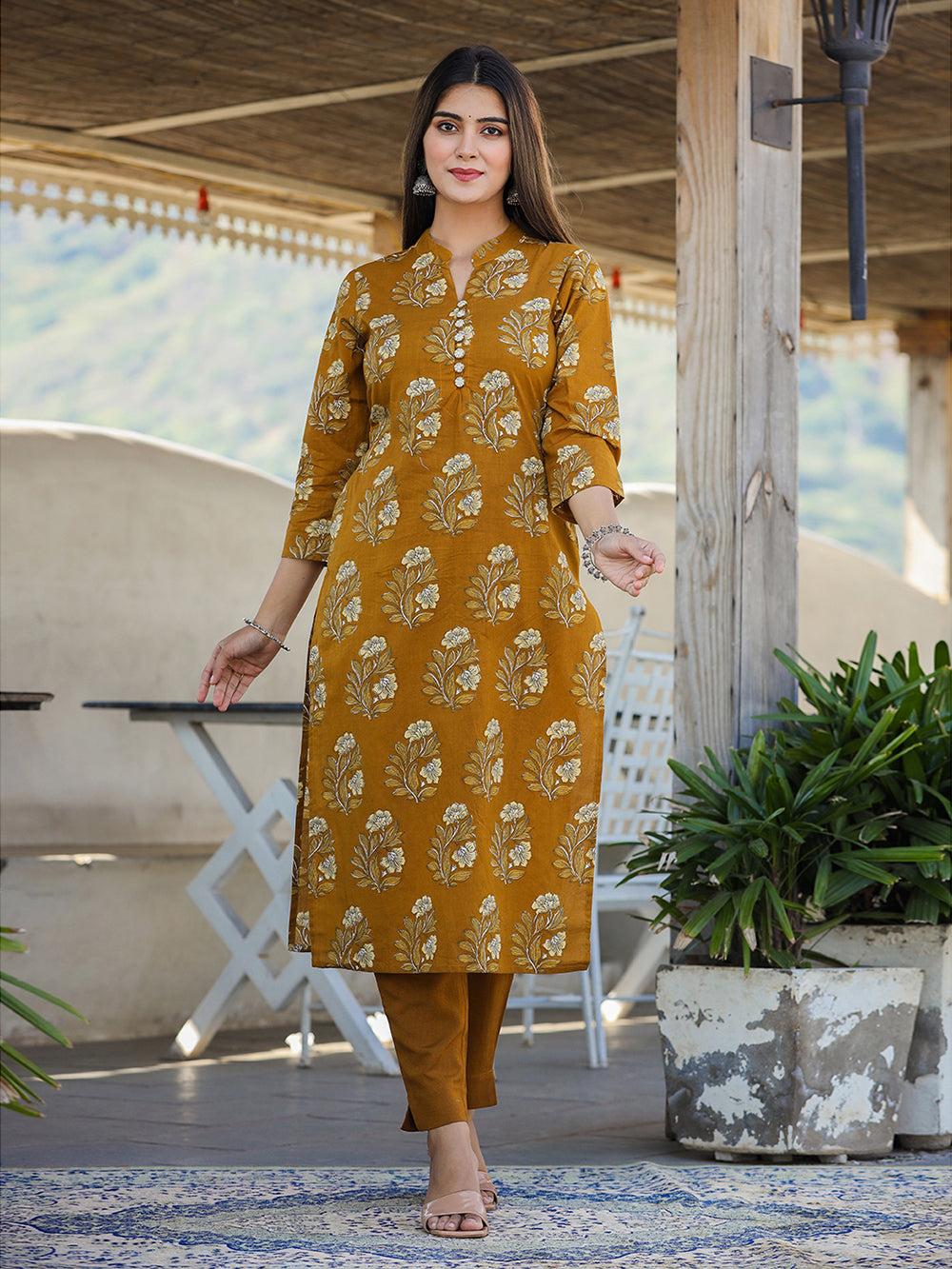 Mustard Floral Print Cotton Kurta Pant Set