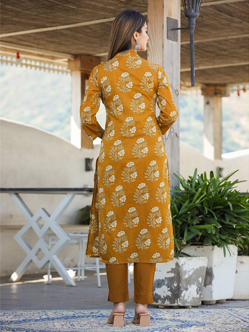 Mustard Floral Print Cotton Kurta Pant Set