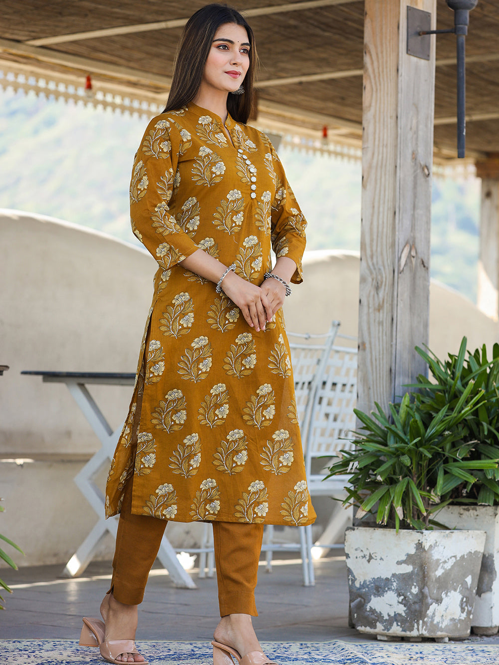 Mustard Floral Print Cotton Kurta Pant Set