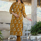 Mustard Floral Print Cotton Kurta Pant Set