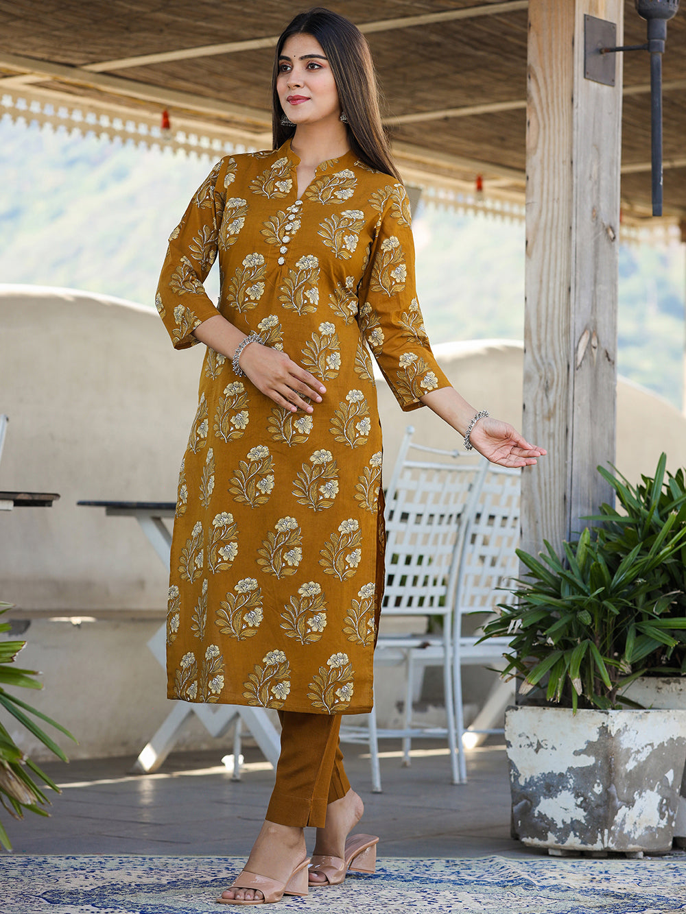 Mustard Floral Print Cotton Kurta Pant Set