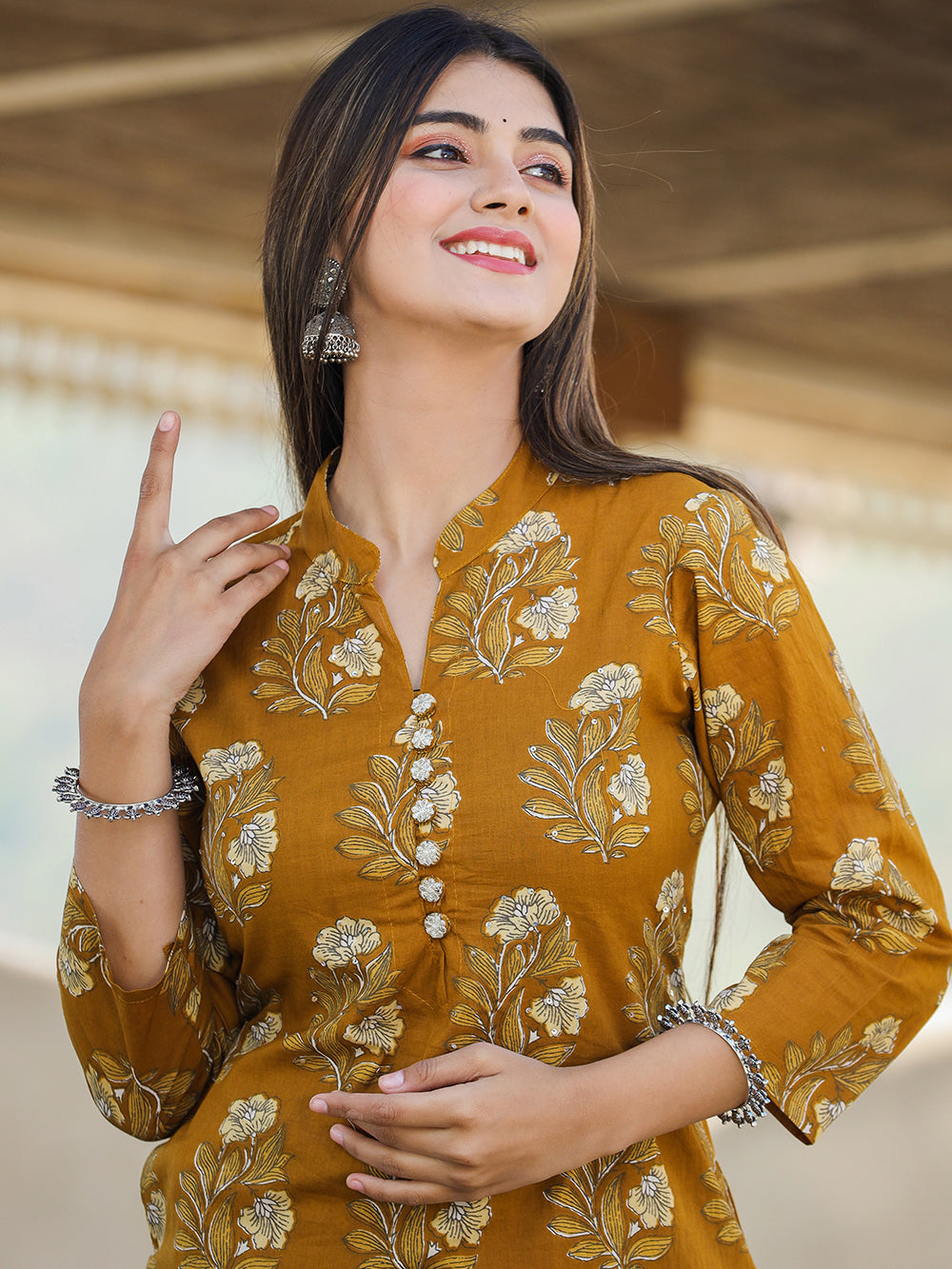 Mustard Floral Print Cotton Kurta Pant Set