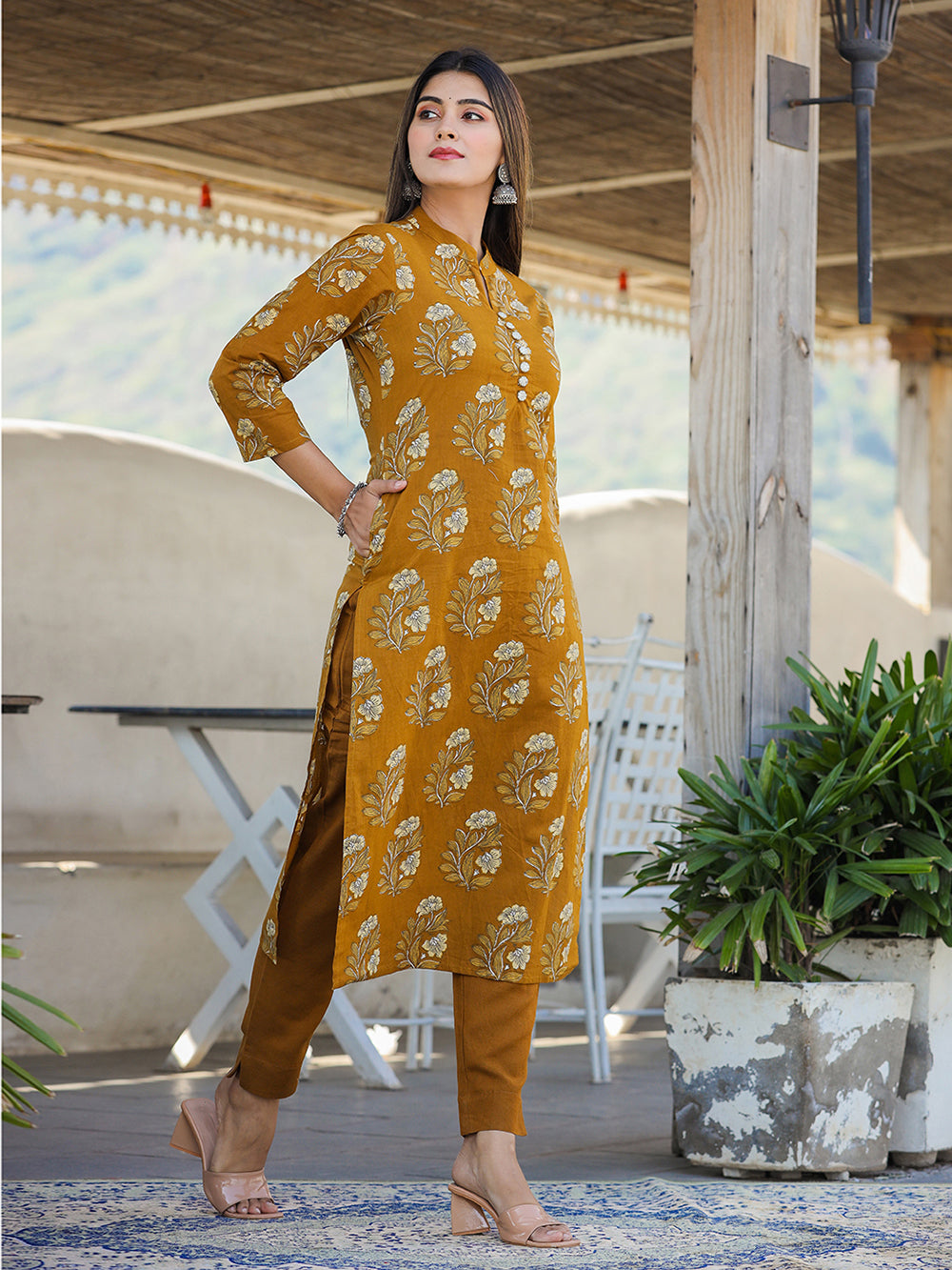 Mustard Floral Print Cotton Kurta Pant Set