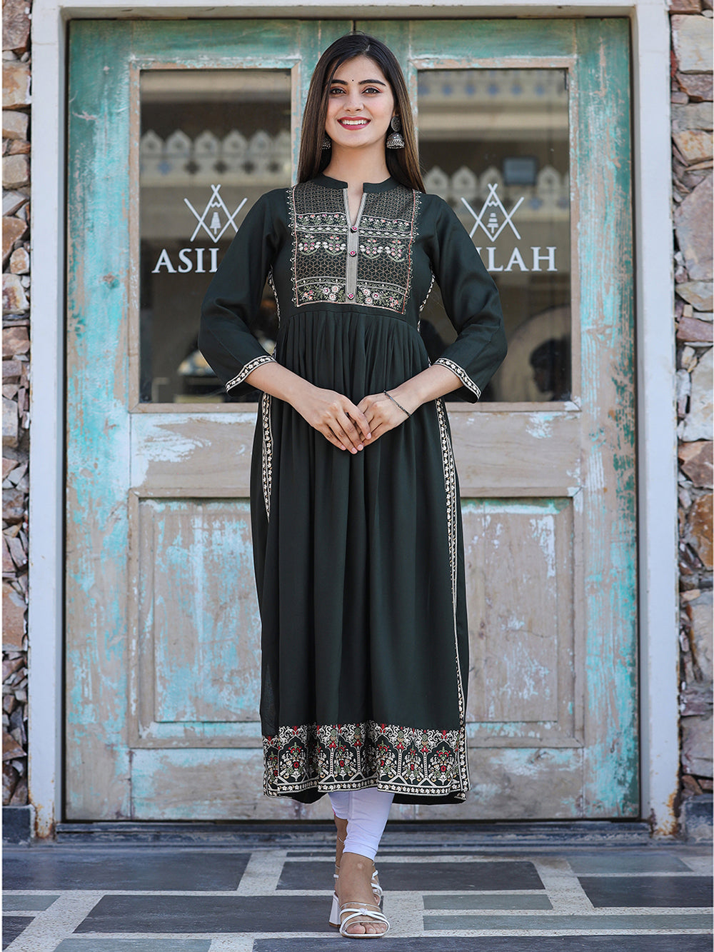 Olive Green Printed Rayon Ethnic Dress