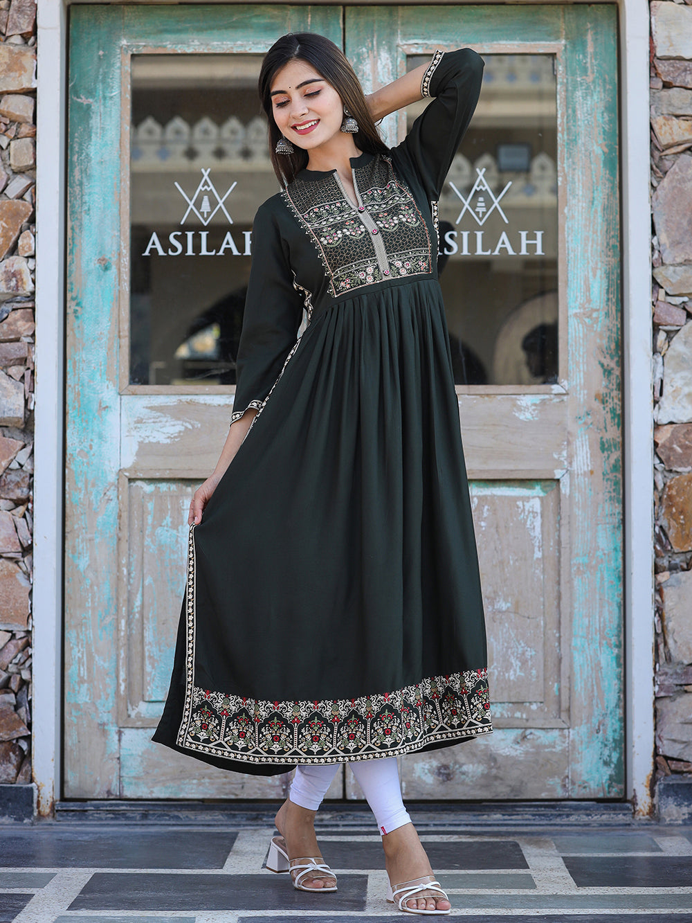 Olive Green Printed Rayon Ethnic Dress