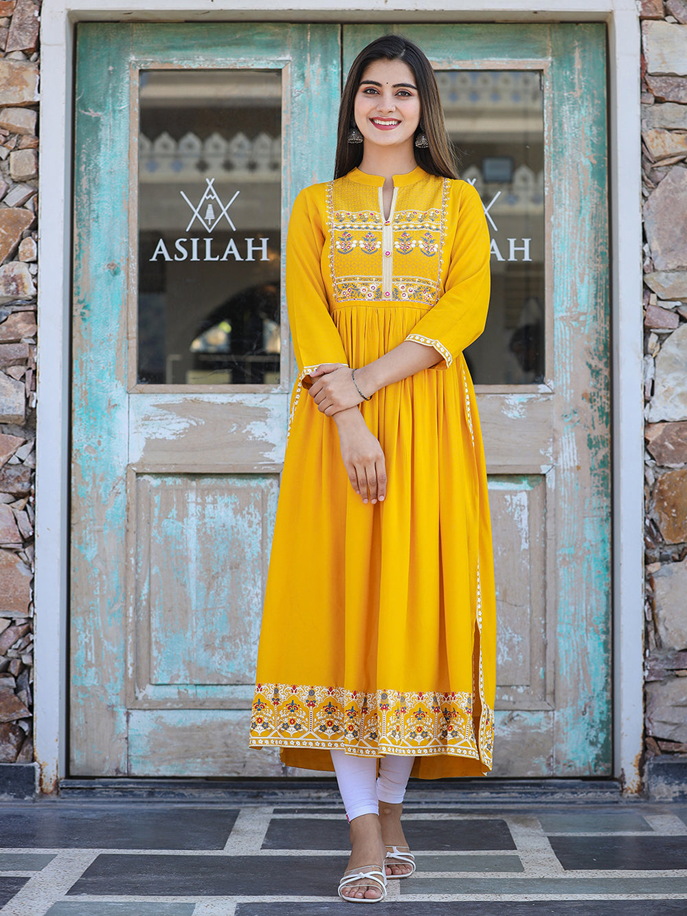 Yellow Printed Rayon Ethnic Dress