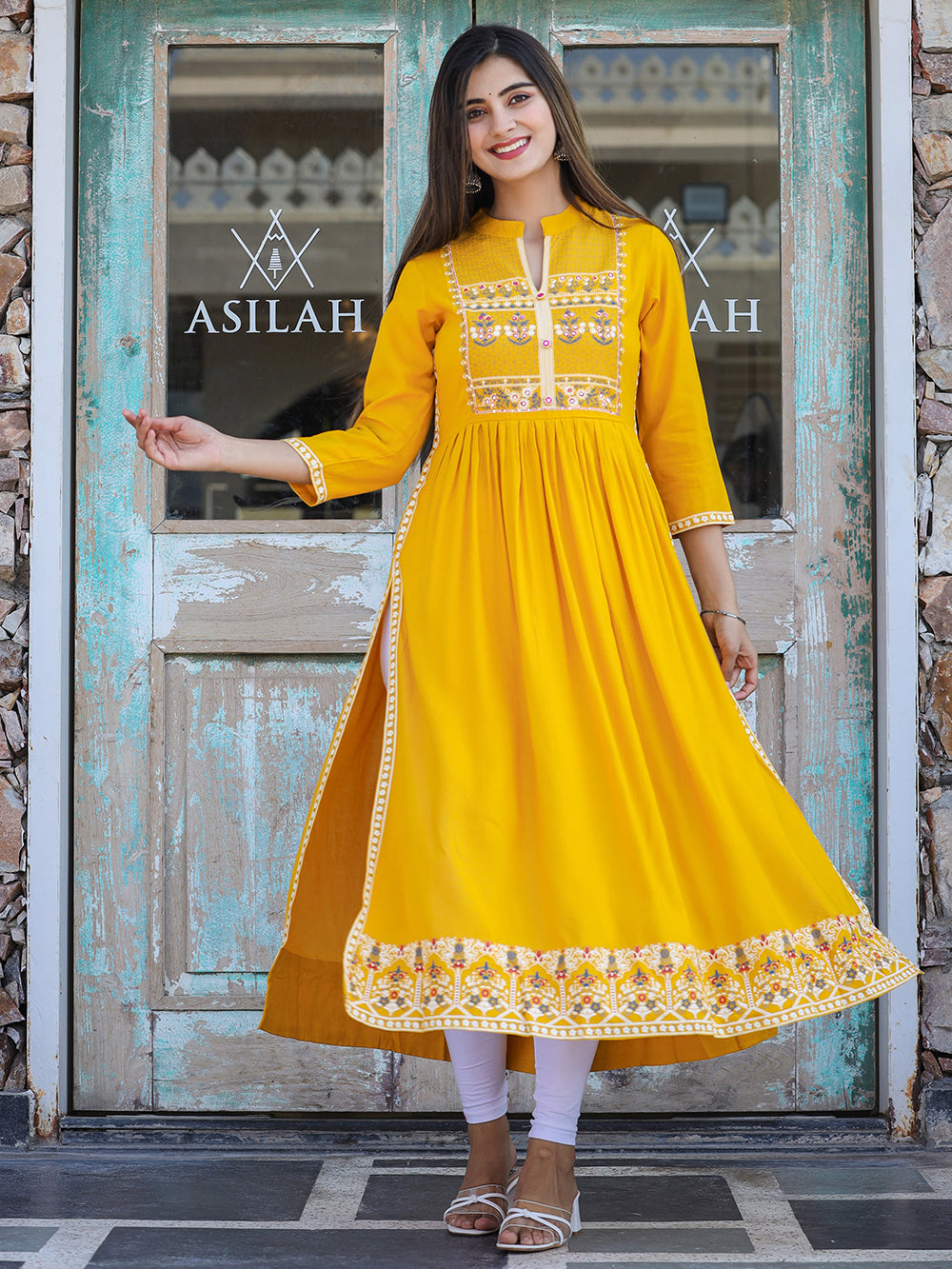 Yellow Printed Rayon Ethnic Dress