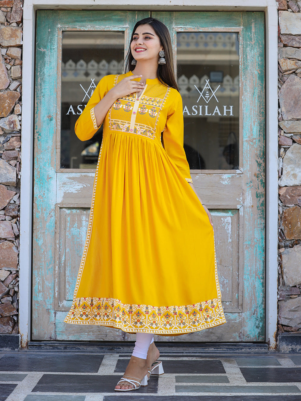 Yellow Printed Rayon Ethnic Dress