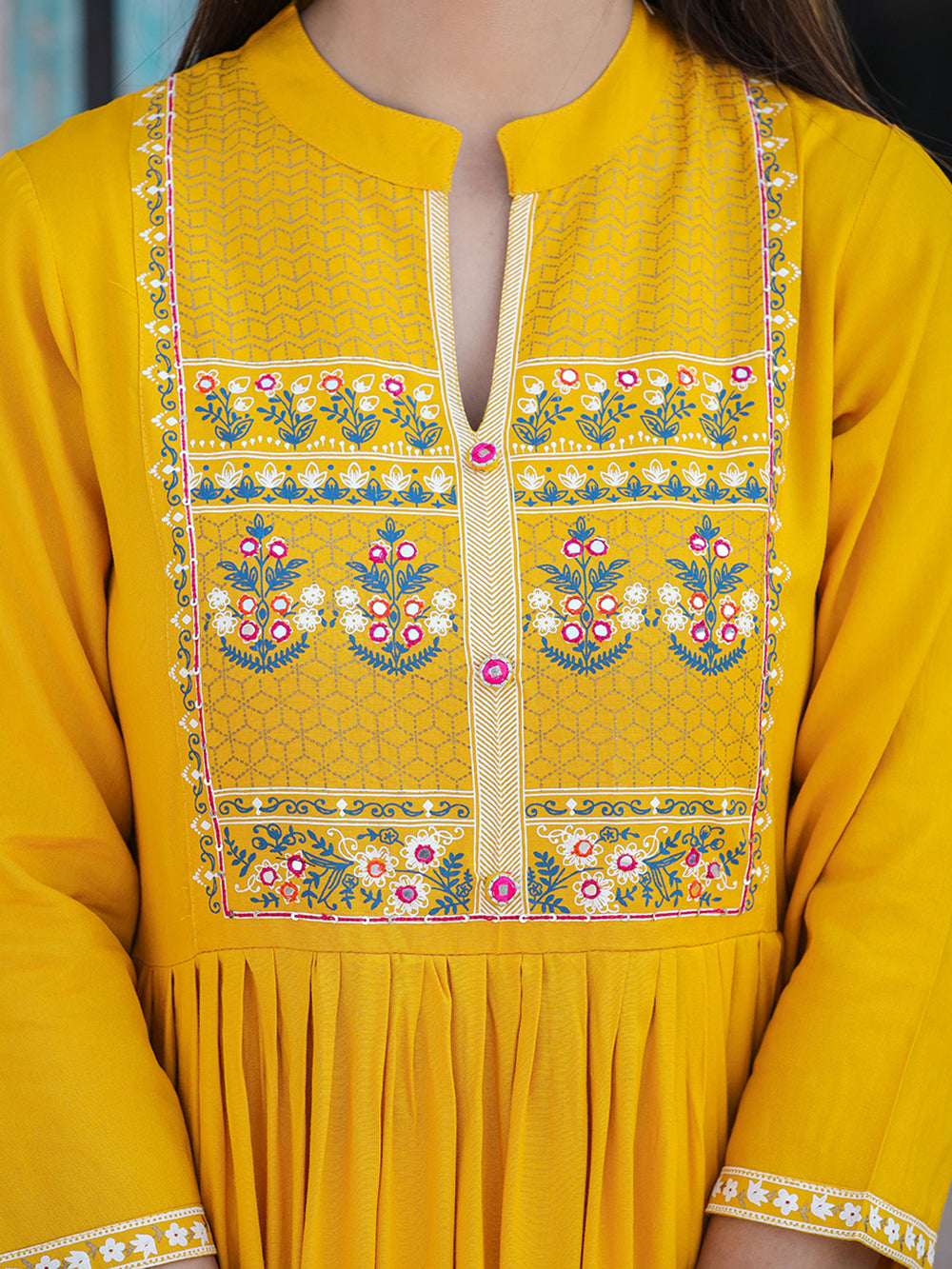 Yellow Printed Rayon Ethnic Dress