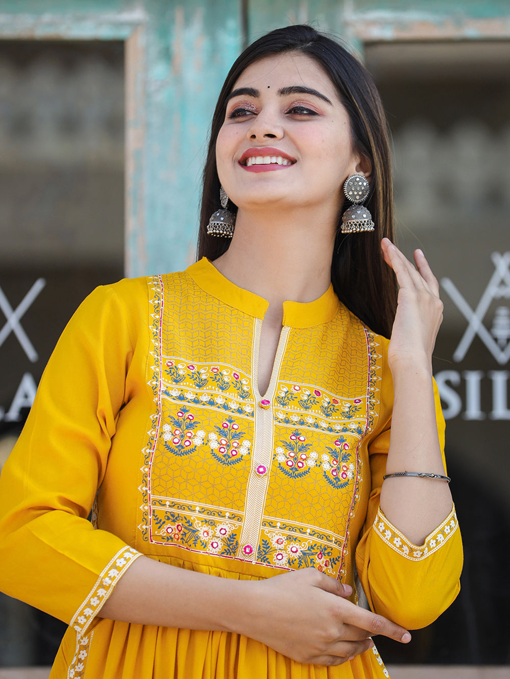 Yellow Printed Rayon Ethnic Dress