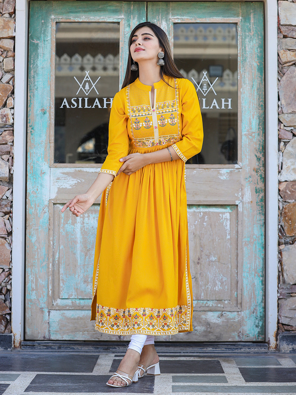 Yellow Printed Rayon Ethnic Dress