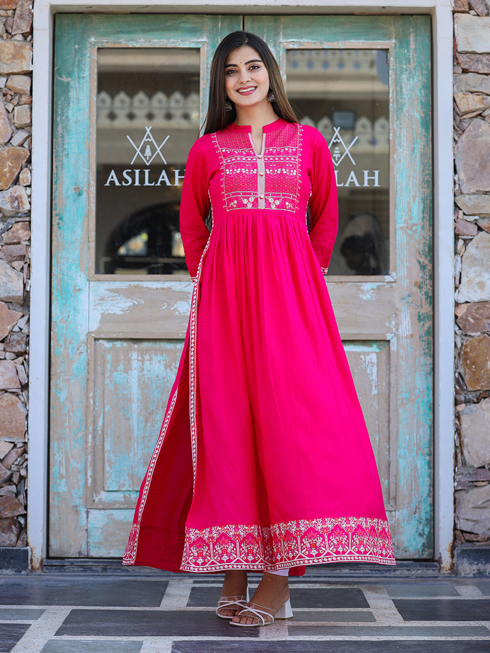 Pink Printed Rayon Ethnic Dress