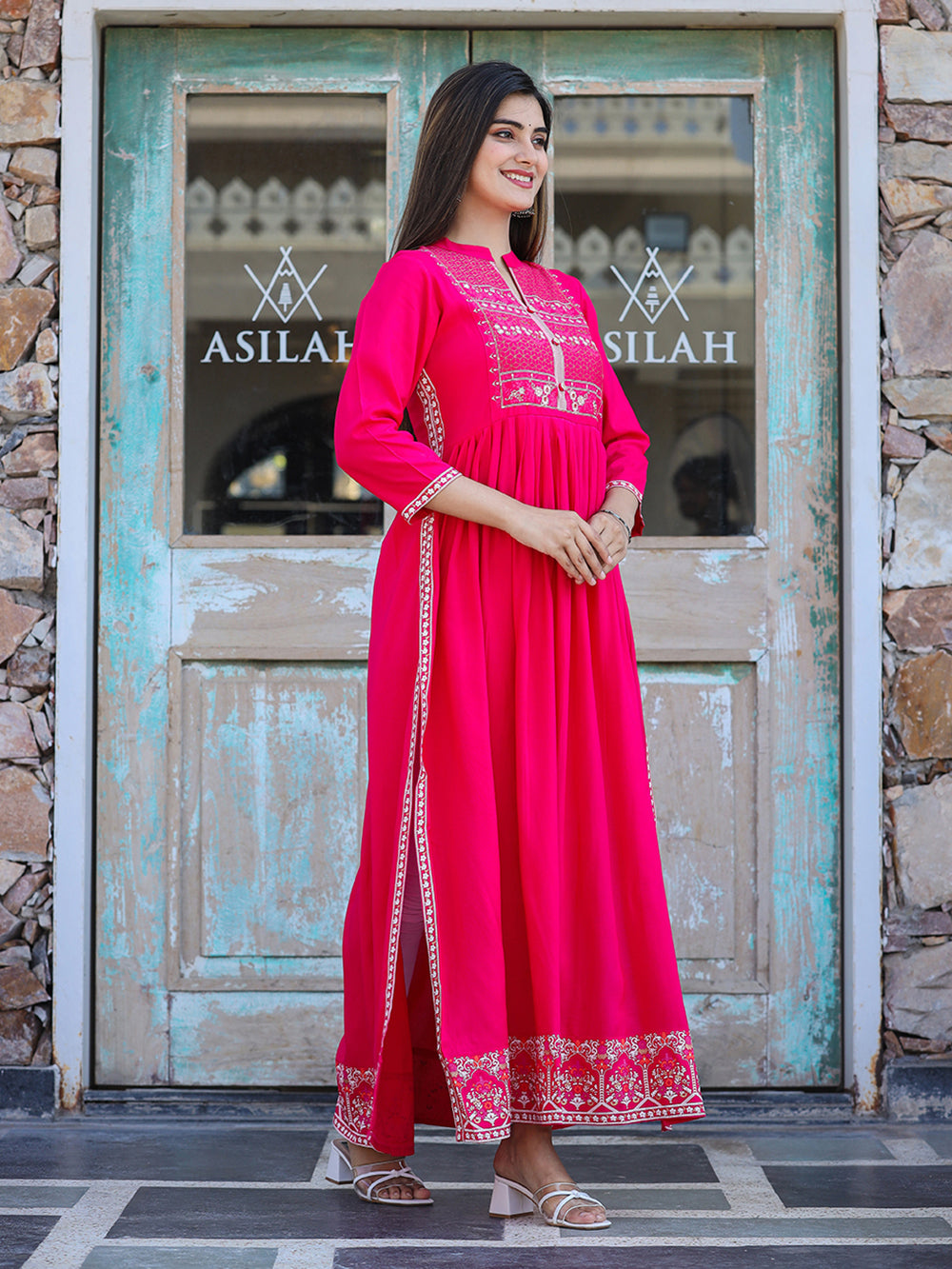 Pink Printed Rayon Ethnic Dress