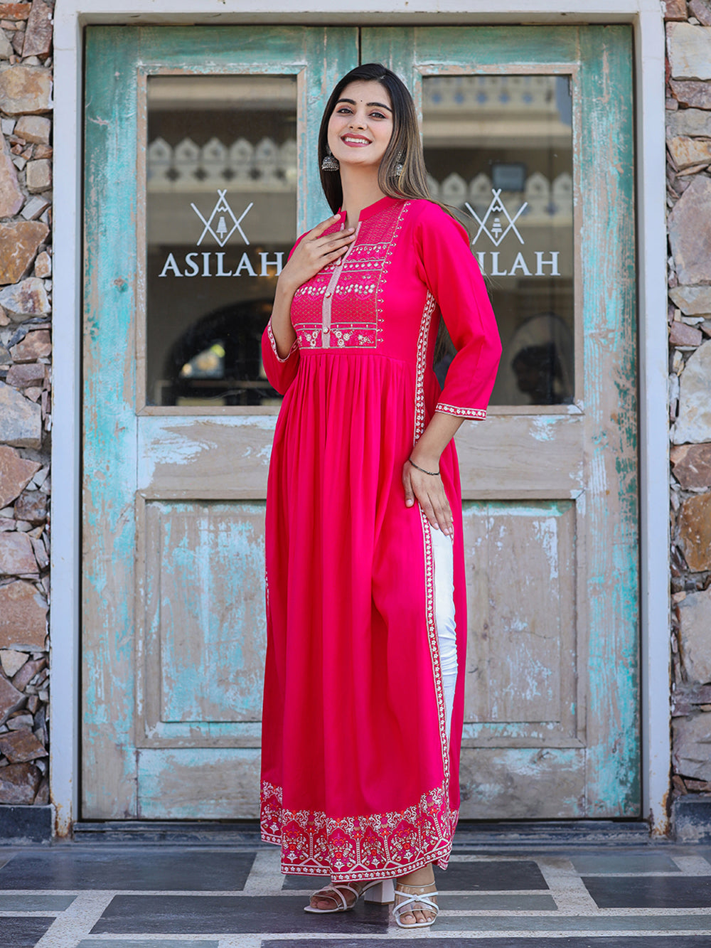 Pink Printed Rayon Ethnic Dress