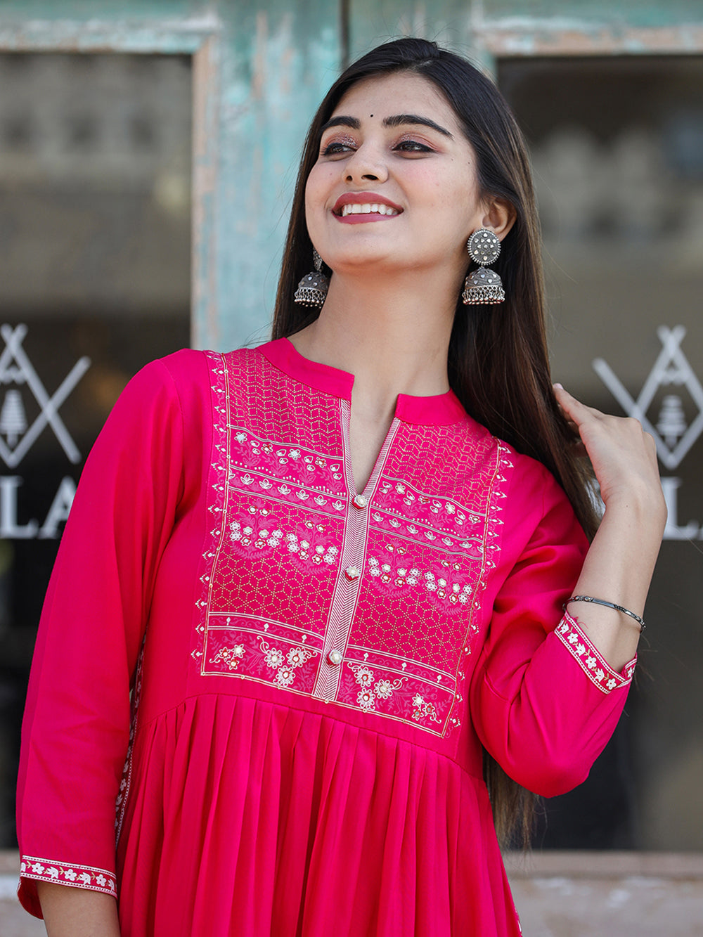 Buy Pink Pure Silk Printed & Hand Embroidered Contemporary Ethnic Dress  With Dupatta by Designer SCAKHI for Women online at Kaarimarket.com