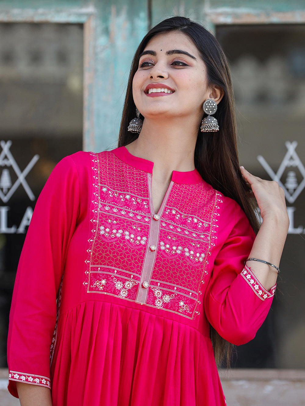 Pink Printed Rayon Ethnic Dress