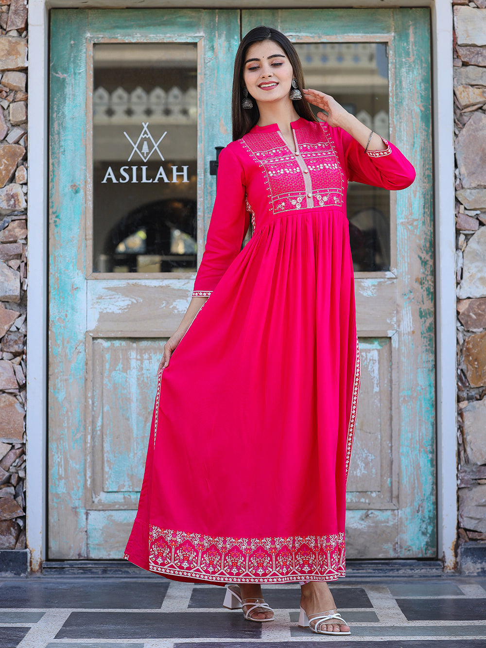 Pink Printed Rayon Ethnic Dress