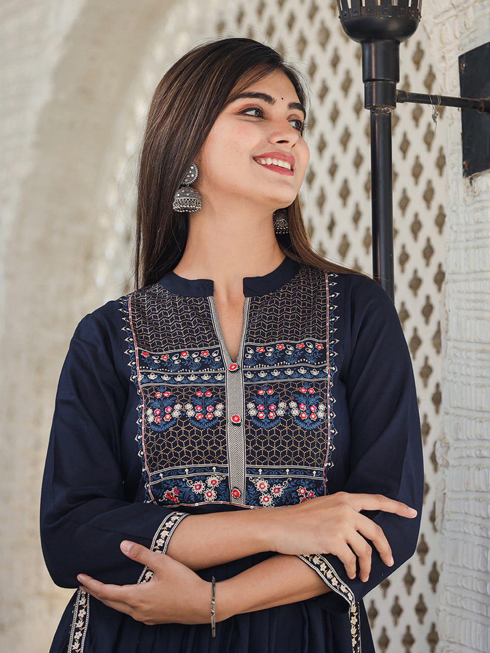 Navy Blue Printed Rayon Ethnic Dress