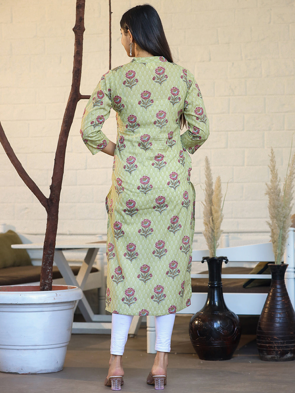 Green Floral Printed Cotton Casual Kurta