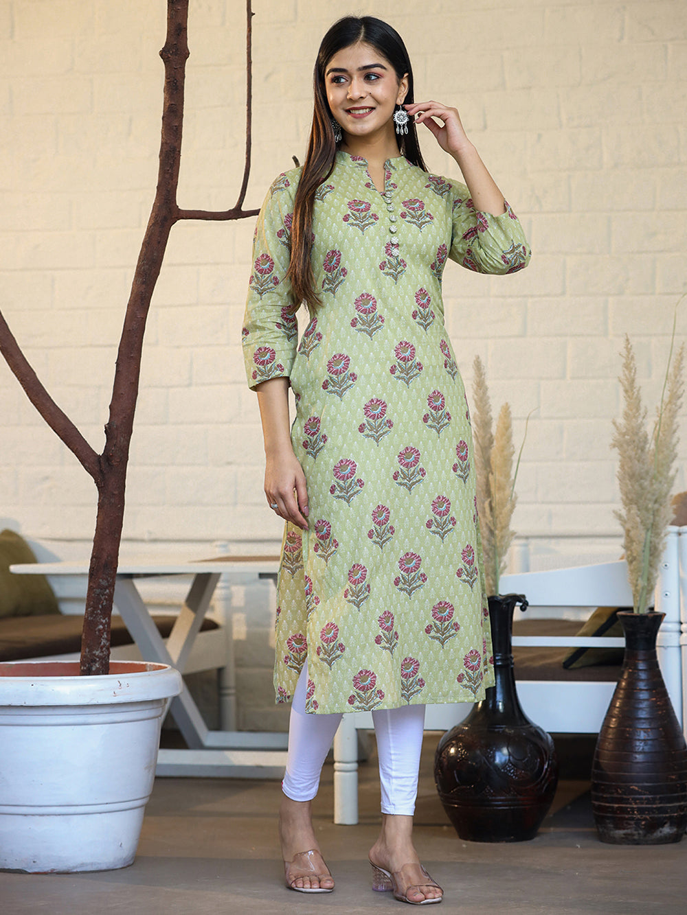 Green Floral Printed Cotton Casual Kurta