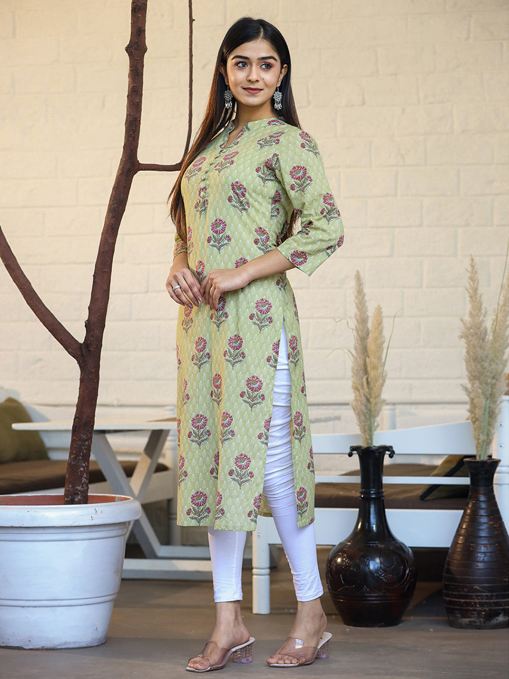 Green Floral Printed Cotton Casual Kurta