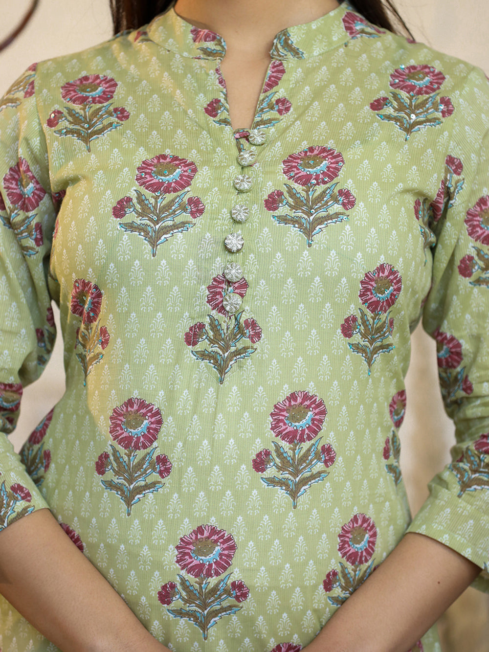 Green Floral Printed Cotton Casual Kurta