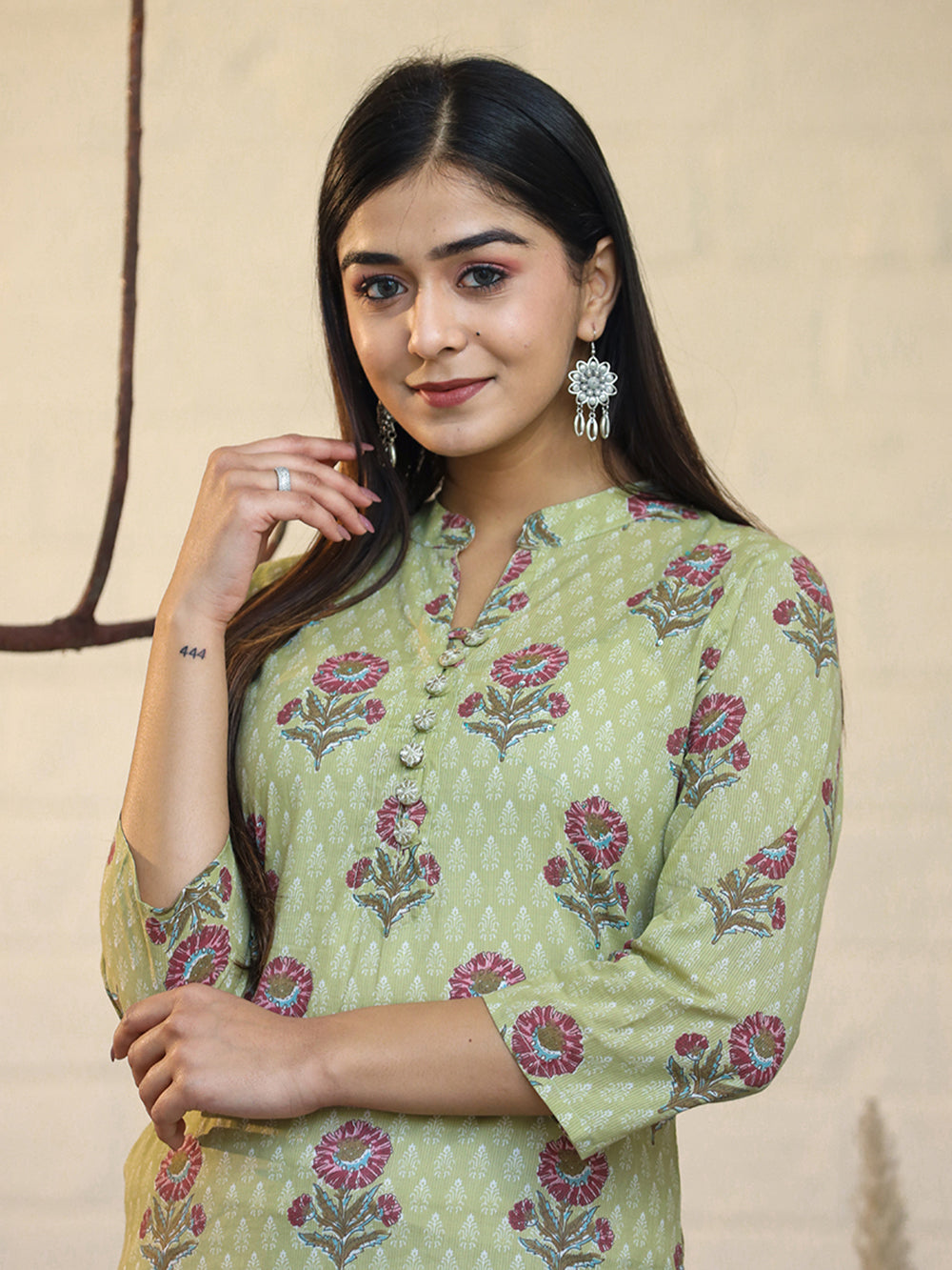 Green Floral Printed Cotton Casual Kurta