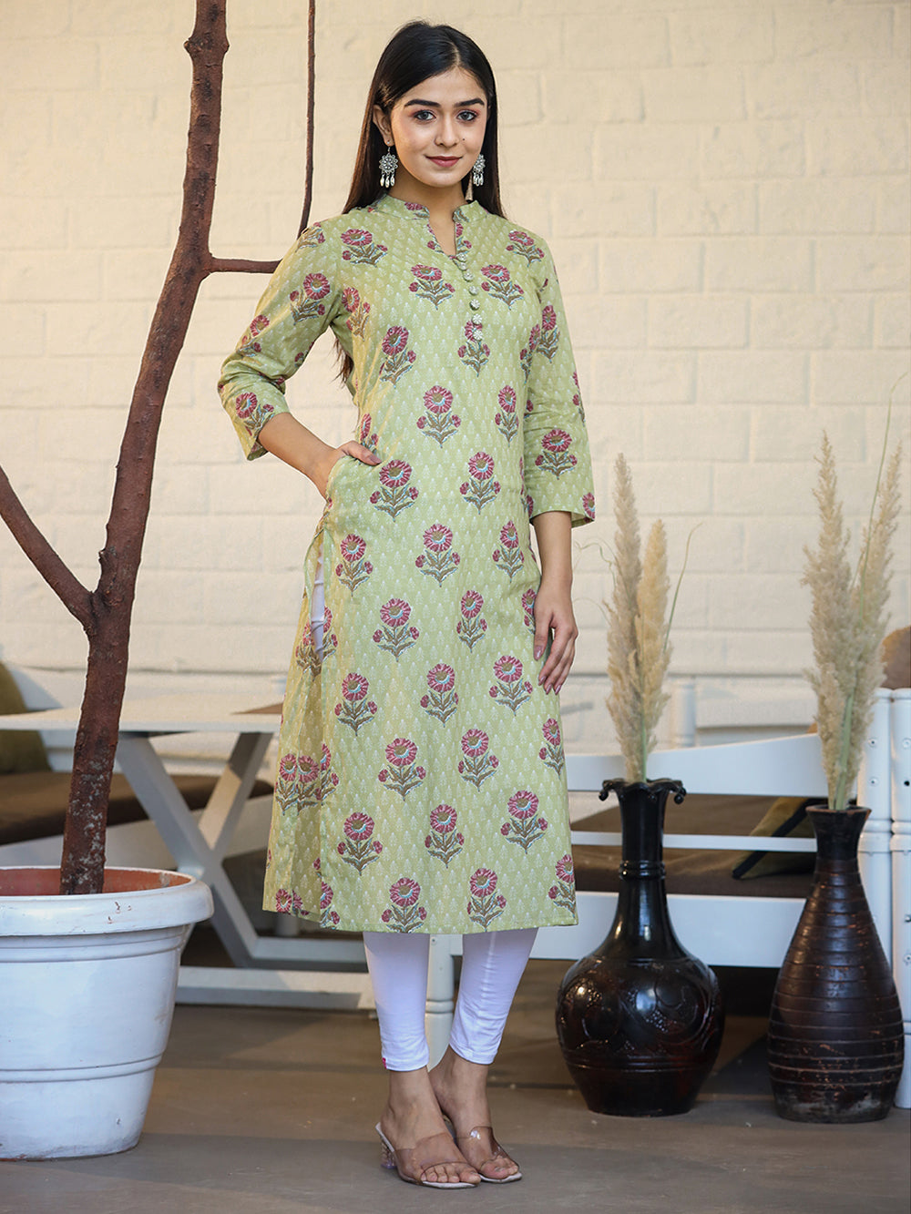 Green Floral Printed Cotton Casual Kurta