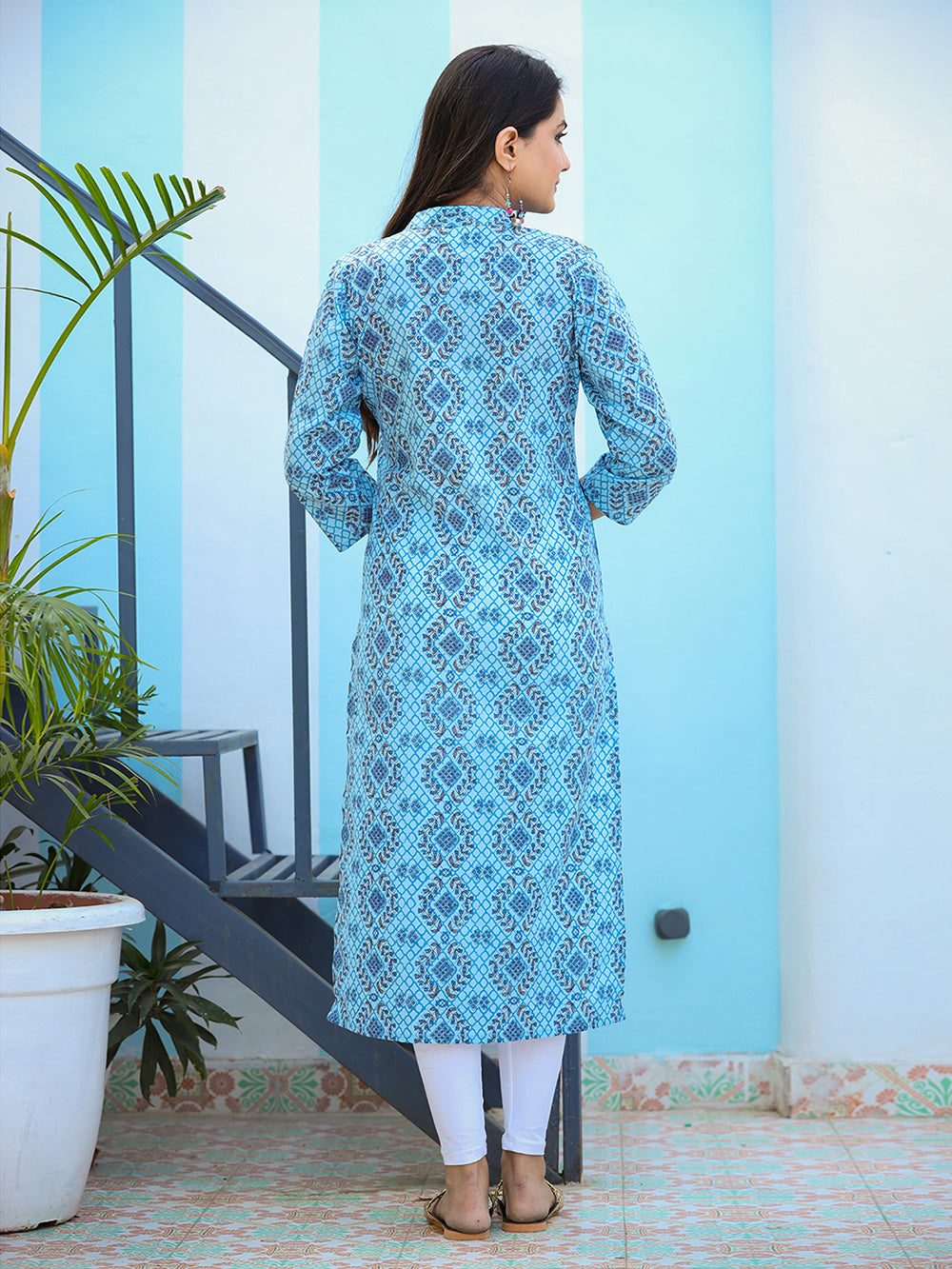 Sky Blue Ethnic Printed Cotton Casual Kurta