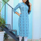 Sky Blue Ethnic Printed Cotton Casual Kurta