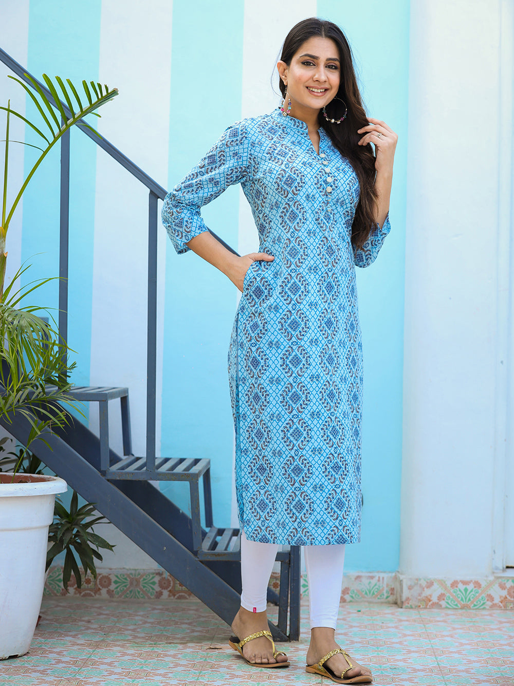 Sky Blue Ethnic Printed Cotton Casual Kurta